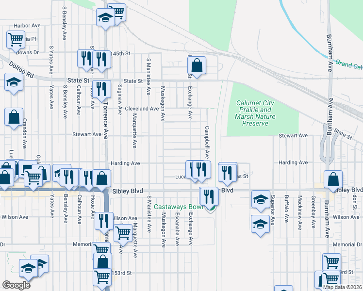 map of restaurants, bars, coffee shops, grocery stores, and more near 1101 Herbert Breclaw Drive in Calumet City