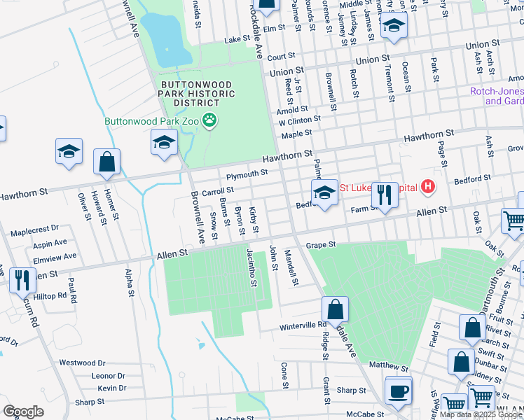 map of restaurants, bars, coffee shops, grocery stores, and more near 518 Kirby Street in New Bedford