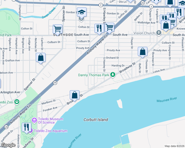 map of restaurants, bars, coffee shops, grocery stores, and more near 824 Lorain Street in Toledo
