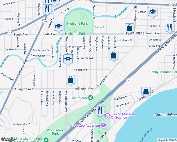 map of restaurants, bars, coffee shops, grocery stores, and more near 830 Hampton Avenue in Toledo