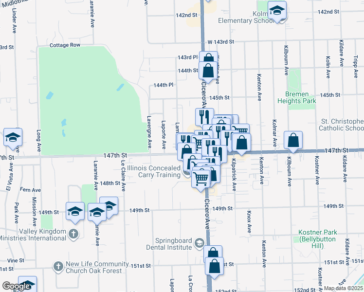 map of restaurants, bars, coffee shops, grocery stores, and more near 4901 147th Street in Midlothian