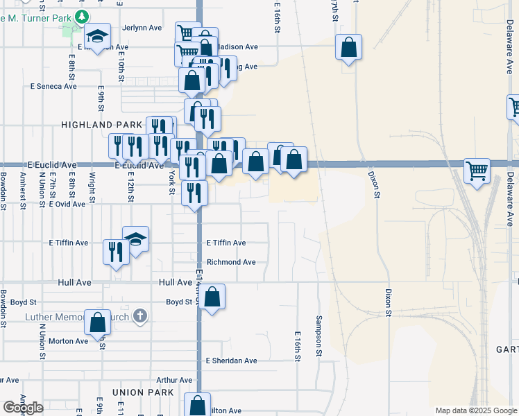 map of restaurants, bars, coffee shops, grocery stores, and more near 1517 Henderson Avenue in Des Moines