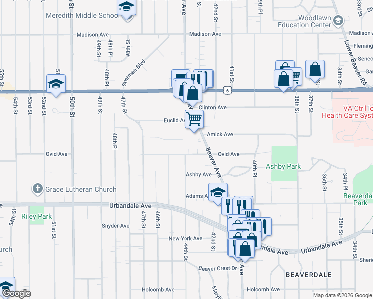 map of restaurants, bars, coffee shops, grocery stores, and more near 4402 Ovid Avenue in Des Moines