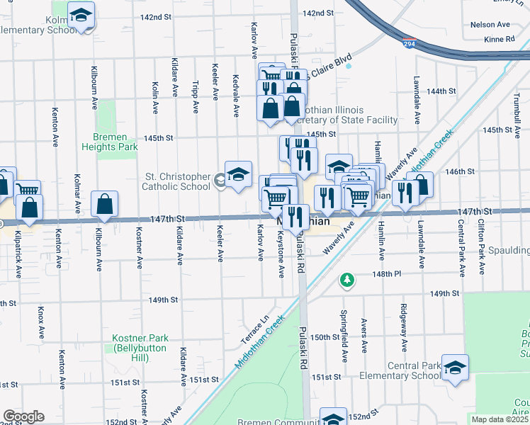 map of restaurants, bars, coffee shops, grocery stores, and more near 14717 Karlov Avenue in Midlothian