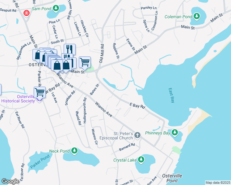 map of restaurants, bars, coffee shops, grocery stores, and more near 120 East Bay Road in Barnstable