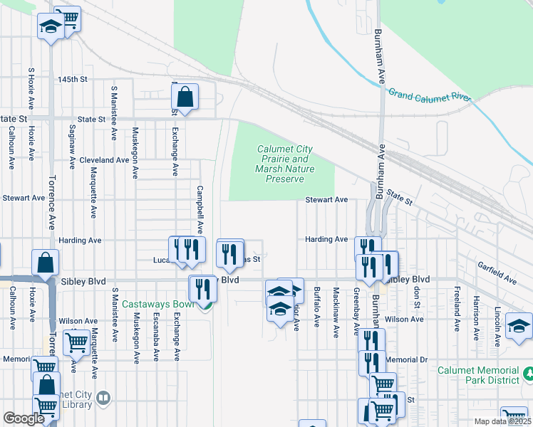 map of restaurants, bars, coffee shops, grocery stores, and more near 417 Houston Avenue in Calumet City