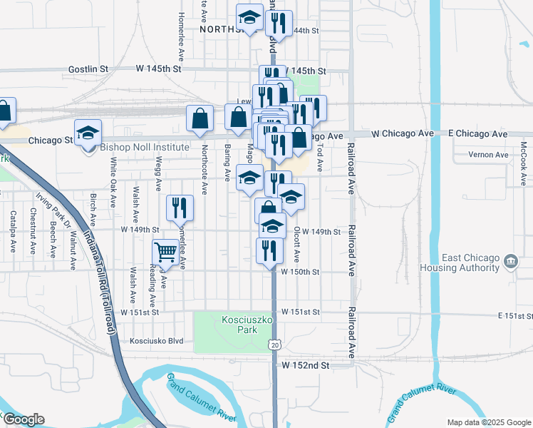 map of restaurants, bars, coffee shops, grocery stores, and more near 4846 Indianapolis Boulevard in East Chicago