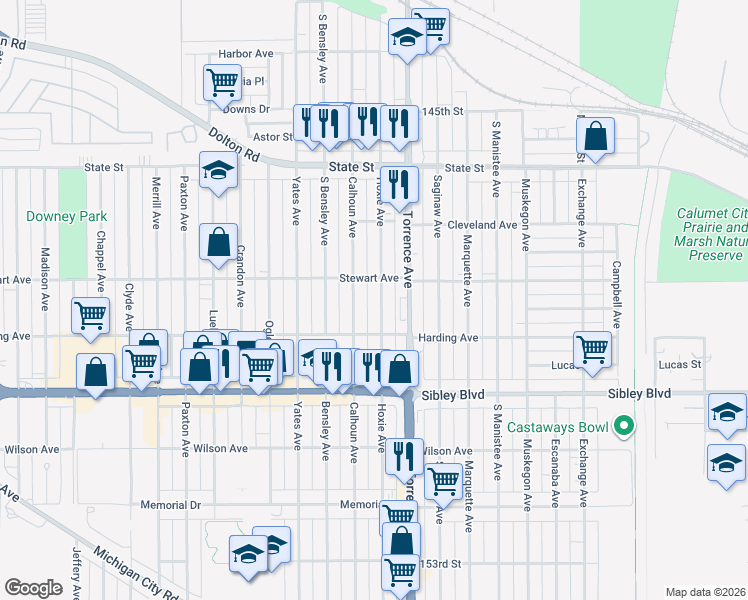 map of restaurants, bars, coffee shops, grocery stores, and more near 411 Calhoun Avenue in Calumet City