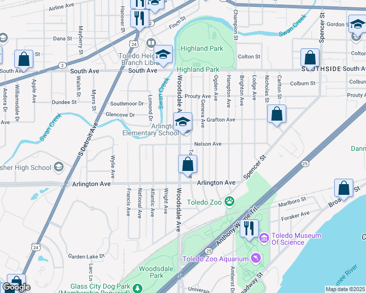map of restaurants, bars, coffee shops, grocery stores, and more near 801 Woodsdale Avenue in Toledo