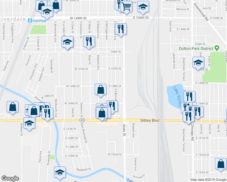 map of restaurants, bars, coffee shops, grocery stores, and more near 14818 South Edbrooke Avenue in Dolton