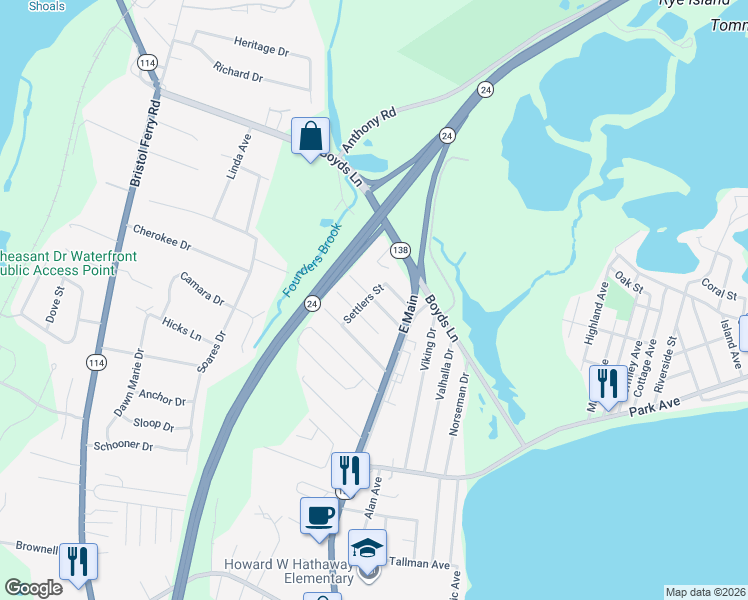 map of restaurants, bars, coffee shops, grocery stores, and more near Ann Ave in Portsmouth