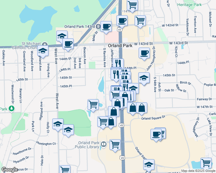 map of restaurants, bars, coffee shops, grocery stores, and more near 14600 South La Grange Road in Orland Park