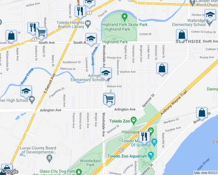 map of restaurants, bars, coffee shops, grocery stores, and more near 802 Toronto Avenue in Toledo