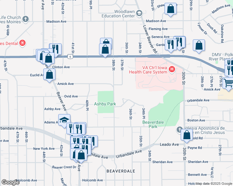 map of restaurants, bars, coffee shops, grocery stores, and more near 3623 Davisson Road in Des Moines