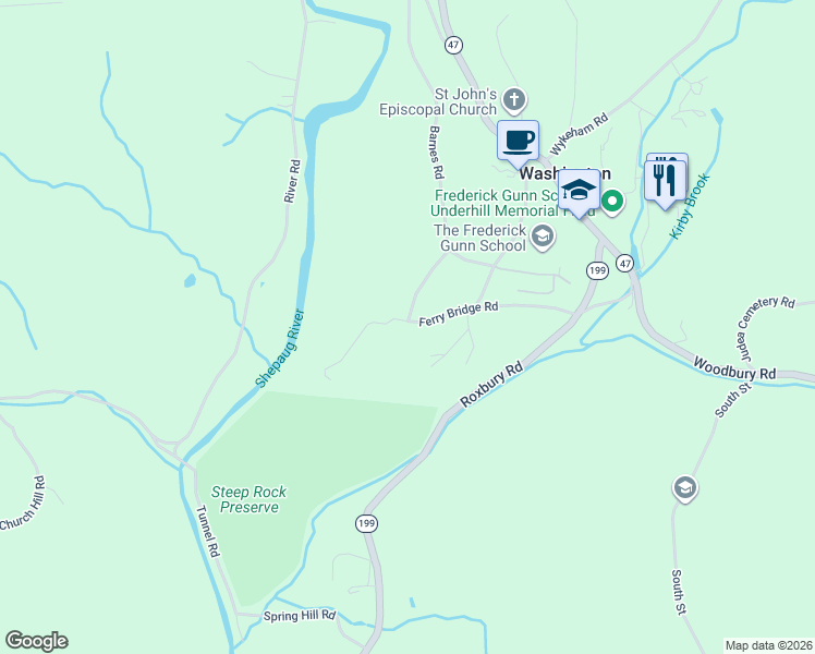 map of restaurants, bars, coffee shops, grocery stores, and more near 49 Ferry Bridge Road in Washington