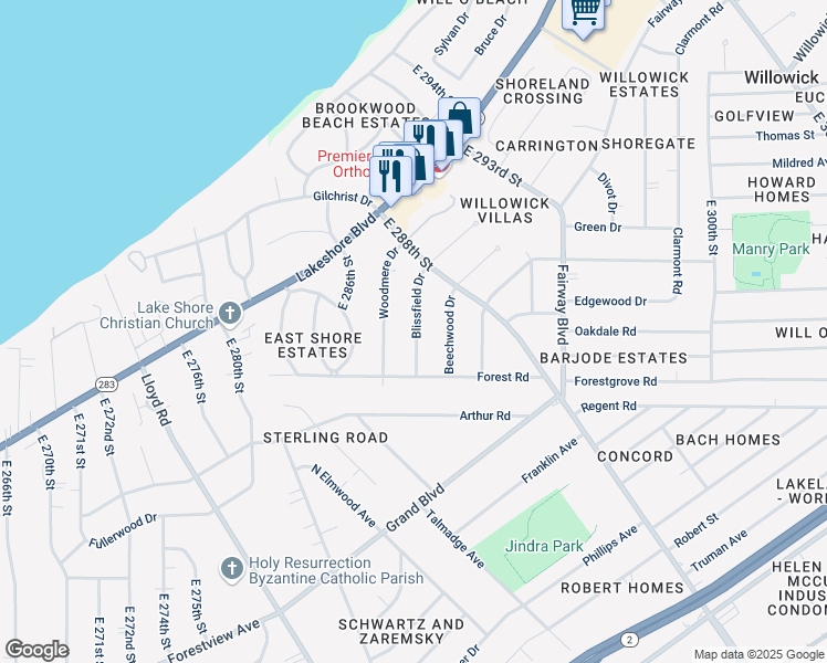 map of restaurants, bars, coffee shops, grocery stores, and more near 372 Blissfield Drive in Willowick