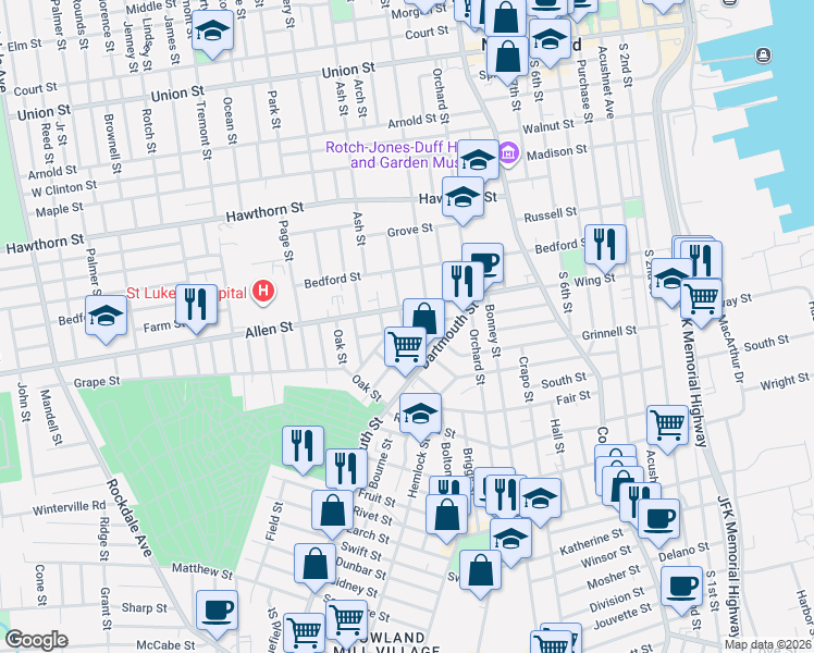 map of restaurants, bars, coffee shops, grocery stores, and more near 87 Dartmouth Street in New Bedford