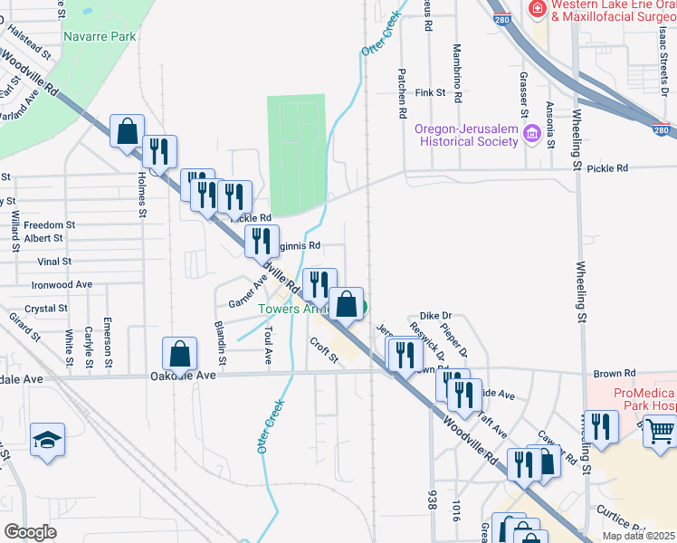 map of restaurants, bars, coffee shops, grocery stores, and more near 1402 Towers Road in Oregon
