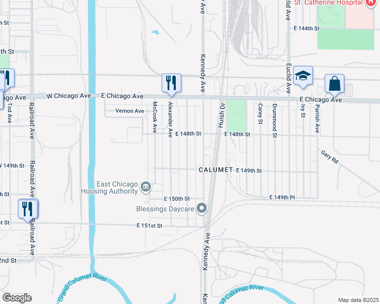 map of restaurants, bars, coffee shops, grocery stores, and more near 4831 Melville Avenue in East Chicago