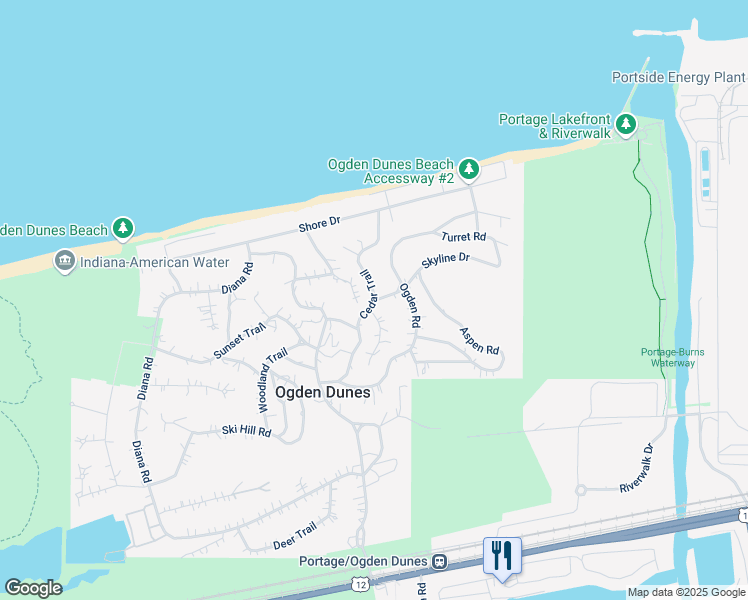map of restaurants, bars, coffee shops, grocery stores, and more near 51 Cedar Trail in Ogden Dunes
