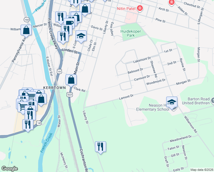 map of restaurants, bars, coffee shops, grocery stores, and more near 1294 Carmont Drive in Meadville