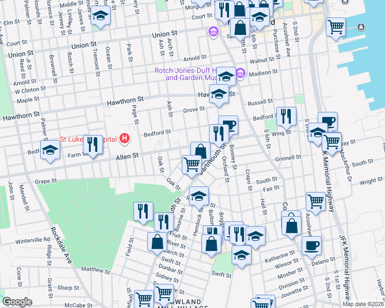map of restaurants, bars, coffee shops, grocery stores, and more near 35 Cottage Street in New Bedford