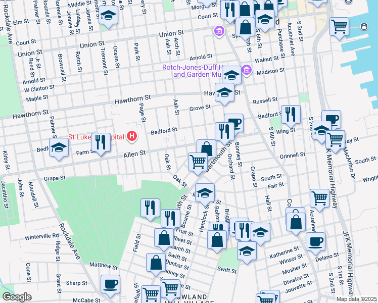 map of restaurants, bars, coffee shops, grocery stores, and more near 62 Ward Street in New Bedford