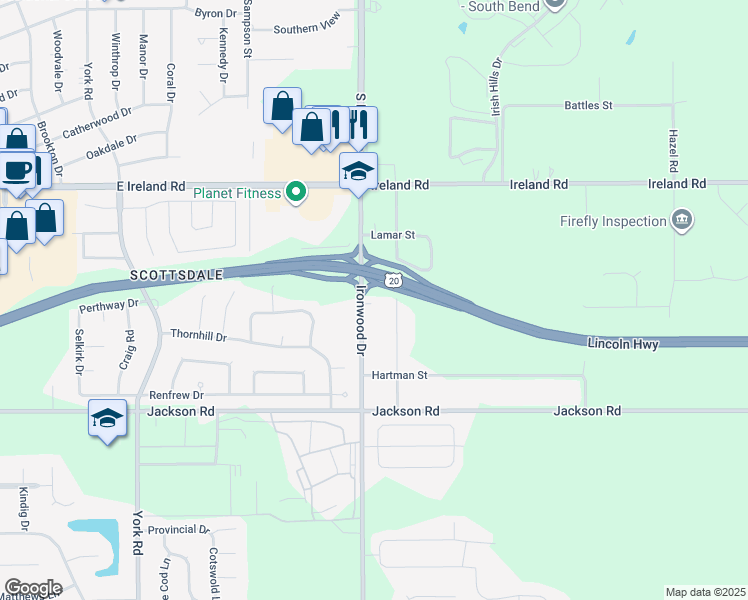 map of restaurants, bars, coffee shops, grocery stores, and more near 59694-59718 Ironwood Road in South Bend