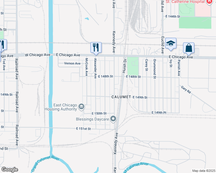map of restaurants, bars, coffee shops, grocery stores, and more near 4808 Kennedy Ave in East Chicago