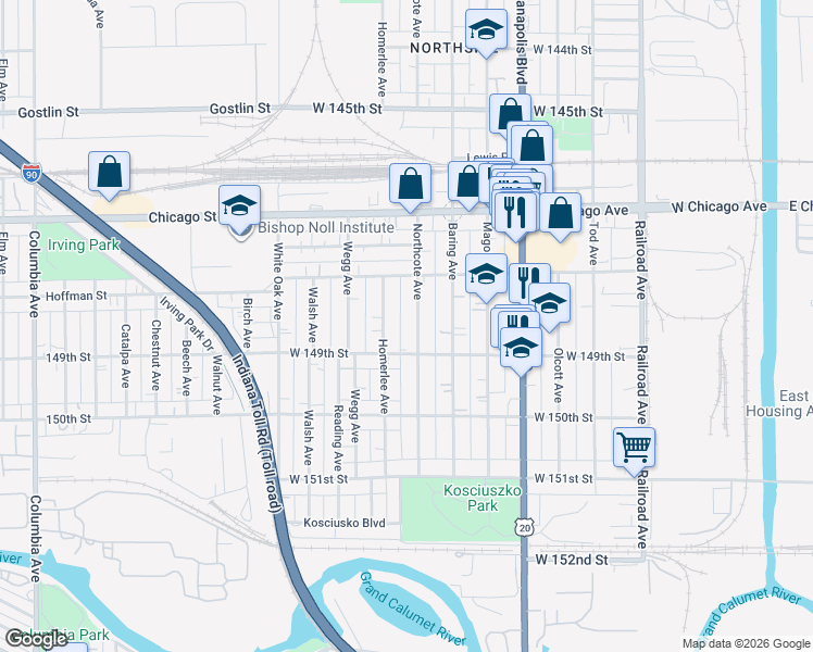 map of restaurants, bars, coffee shops, grocery stores, and more near 4819 Homerlee Avenue in East Chicago
