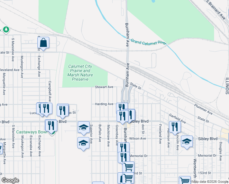 map of restaurants, bars, coffee shops, grocery stores, and more near 370 Stewart Avenue in Calumet City