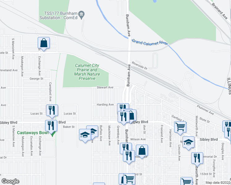 map of restaurants, bars, coffee shops, grocery stores, and more near 370 Stewart Avenue in Calumet City