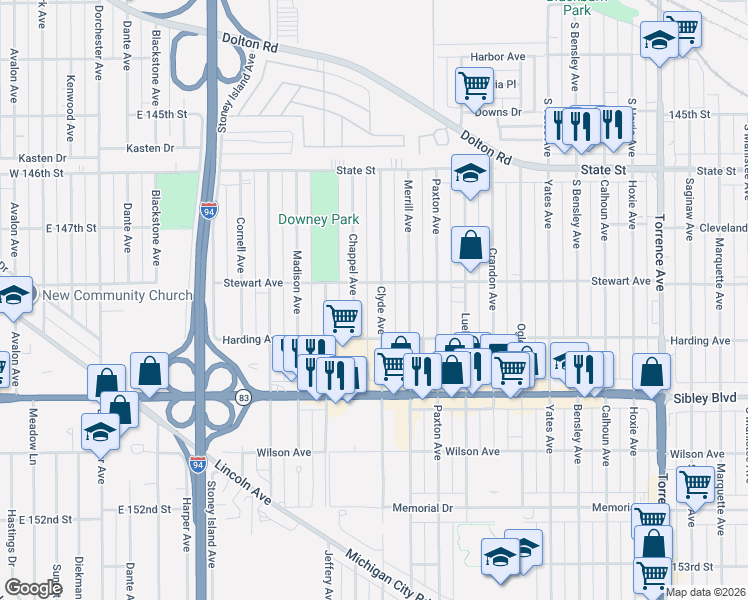 map of restaurants, bars, coffee shops, grocery stores, and more near 364 Clyde Avenue in Calumet City