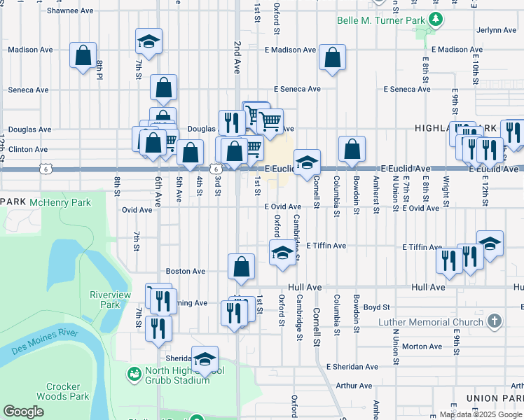 map of restaurants, bars, coffee shops, grocery stores, and more near 3416 Oxford Street in Des Moines