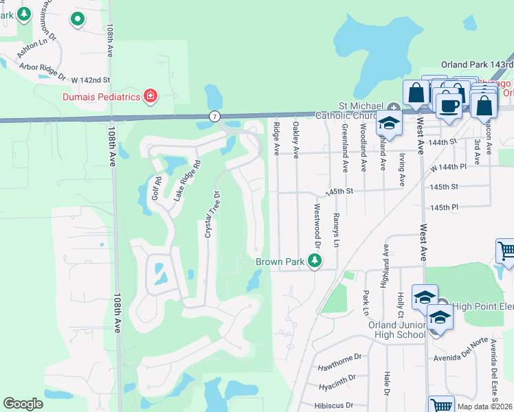 map of restaurants, bars, coffee shops, grocery stores, and more near 10405 Lismore Court in Orland Park