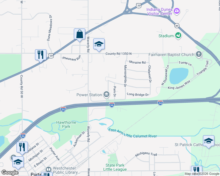 map of restaurants, bars, coffee shops, grocery stores, and more near 1120 Penny Lane in Chesterton