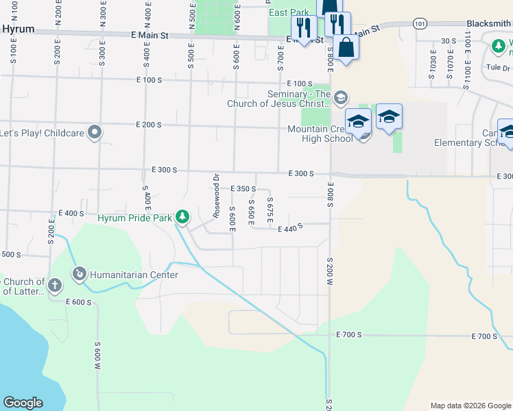 map of restaurants, bars, coffee shops, grocery stores, and more near 385 South 650 East in Hyrum