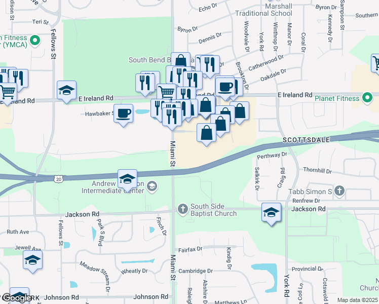 map of restaurants, bars, coffee shops, grocery stores, and more near 1290 East Ireland Road in South Bend