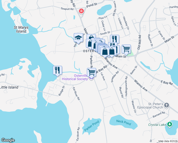 map of restaurants, bars, coffee shops, grocery stores, and more near 77 Parker Road in Barnstable