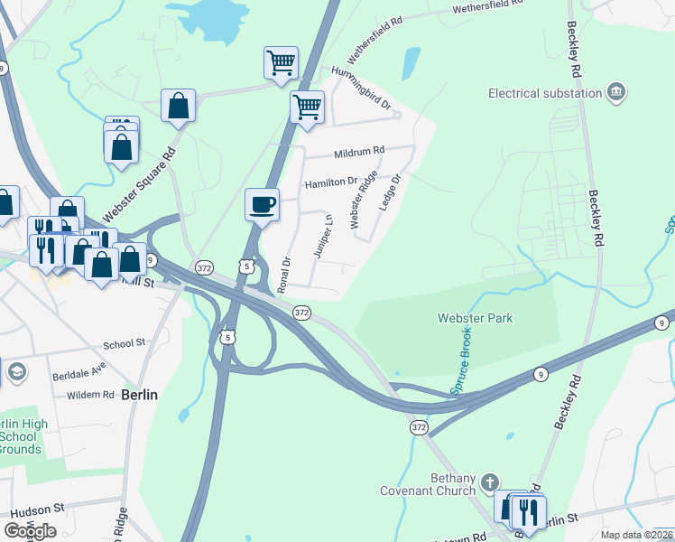 map of restaurants, bars, coffee shops, grocery stores, and more near 25 Laurel Drive in Berlin