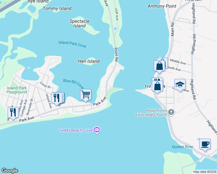map of restaurants, bars, coffee shops, grocery stores, and more near 15 Point Road in Portsmouth