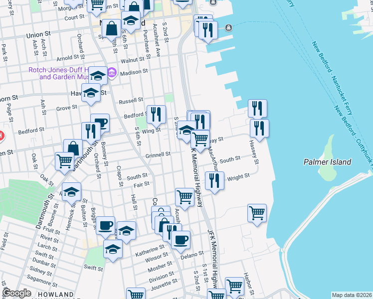 map of restaurants, bars, coffee shops, grocery stores, and more near 286 South 2nd Street in New Bedford