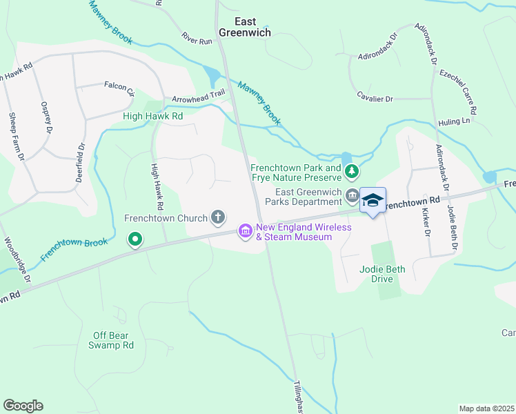 map of restaurants, bars, coffee shops, grocery stores, and more near Tillinghast Road in East Greenwich