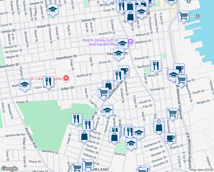 map of restaurants, bars, coffee shops, grocery stores, and more near 35 Cottage Street in New Bedford
