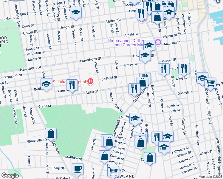 map of restaurants, bars, coffee shops, grocery stores, and more near 275 Allen Street in New Bedford