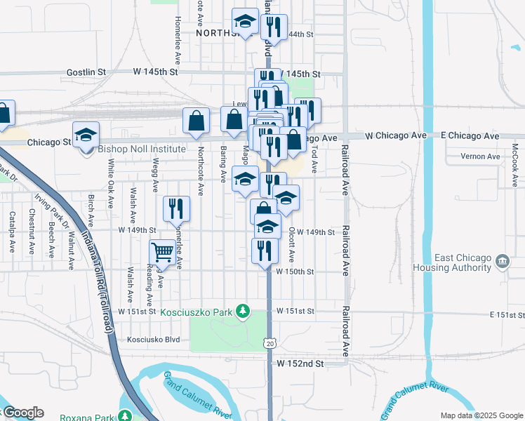 map of restaurants, bars, coffee shops, grocery stores, and more near 4822 Indianapolis Boulevard in East Chicago