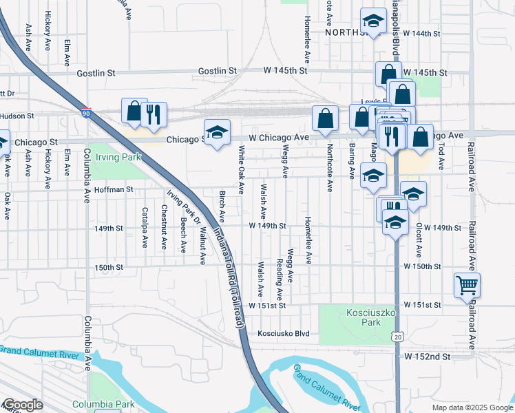 map of restaurants, bars, coffee shops, grocery stores, and more near 4819 Walsh Avenue in East Chicago
