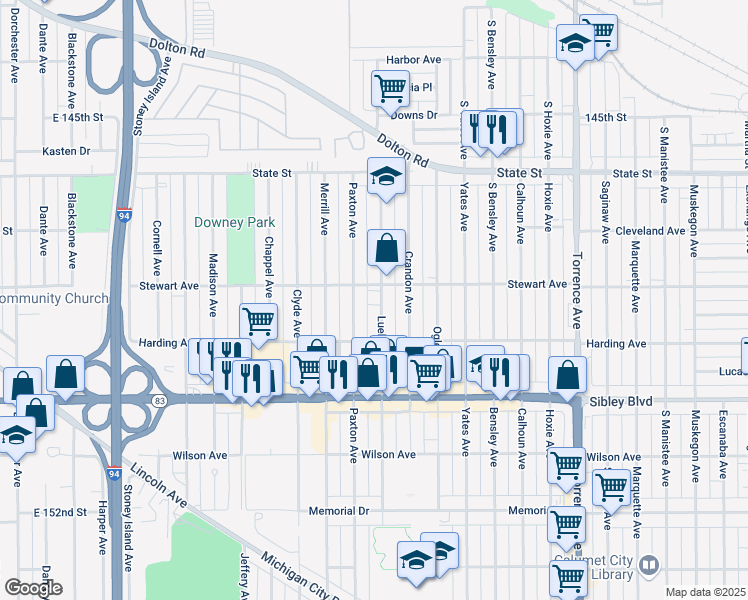 map of restaurants, bars, coffee shops, grocery stores, and more near 367 Paxton Avenue in Calumet City