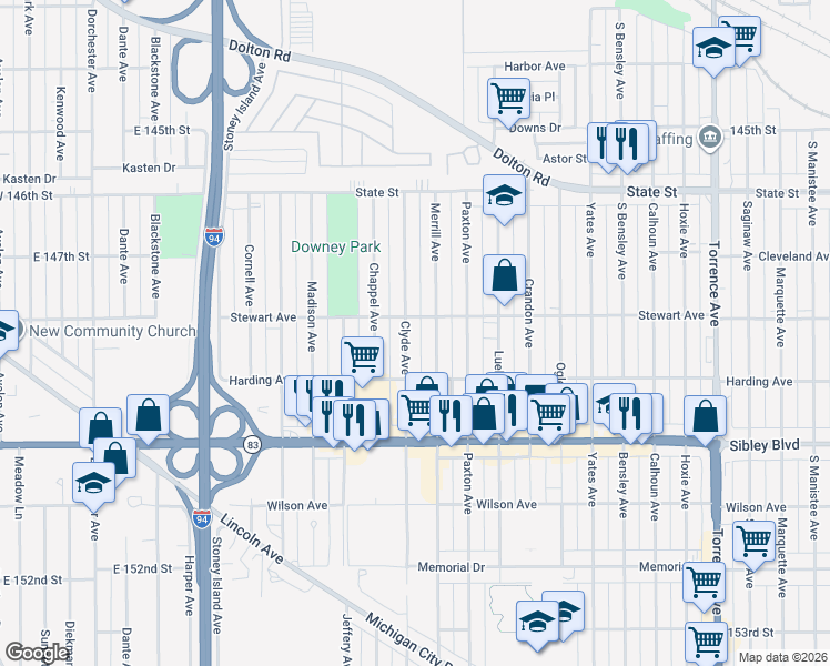 map of restaurants, bars, coffee shops, grocery stores, and more near 364 Clyde Avenue in Calumet City