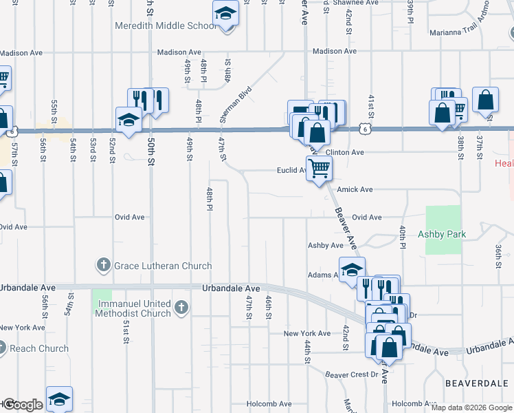 map of restaurants, bars, coffee shops, grocery stores, and more near 4611 Amick Avenue in Des Moines